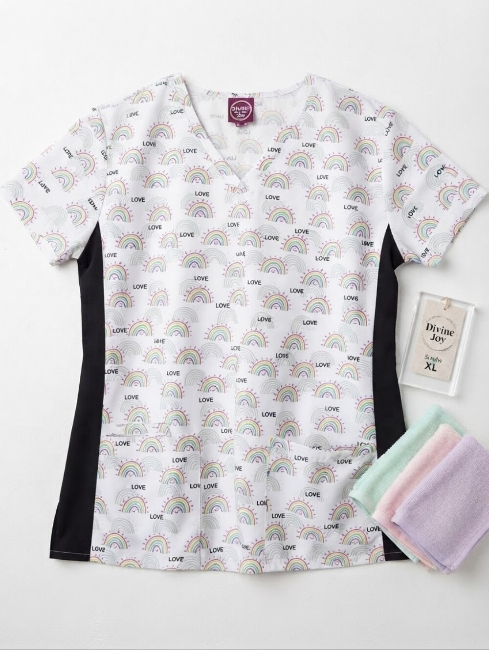 Divine Scrubs by JDM Rainbow Smile "LOVE" V-Neck Scrub Top XL EUC